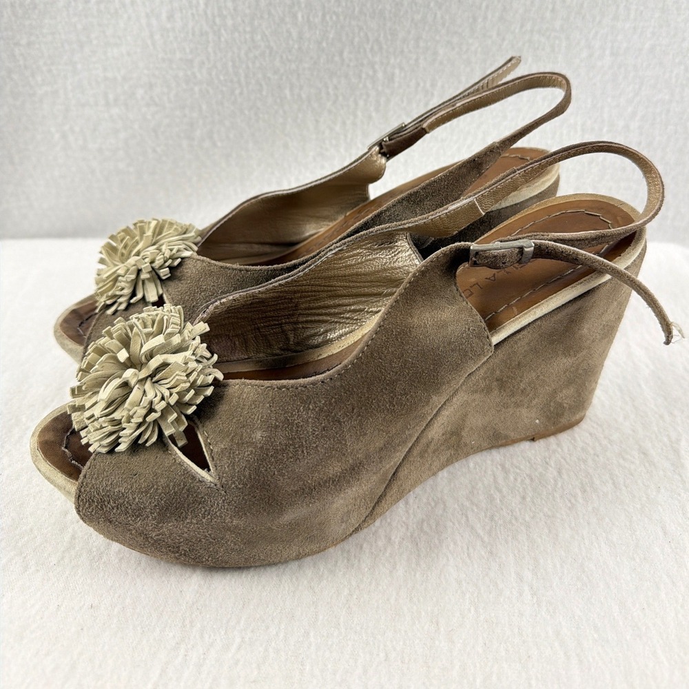 Rossella Lopes Italy Sz 11 Suede Wedge Sandals‎ Slingback Peep Toe Pom Pom Brown